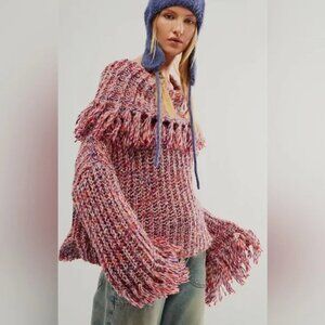 015 Free People One Kinsley Fringe Woven Cowl Neck Foldover Sweater Size Small
